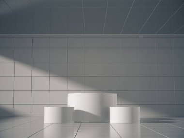 Görüntü için kaldırım, tasarım için platform, boş ürün, yanal ışıklandırmalı beyaz oda..