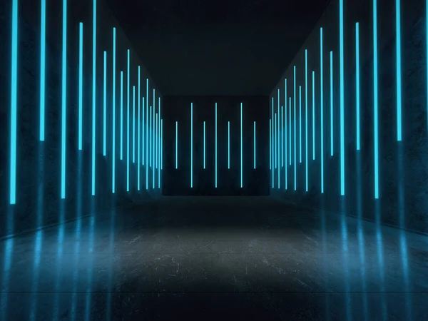 Karanlık odada neon ışıkları olan ürünler için boş alan. 3d oluşturma.