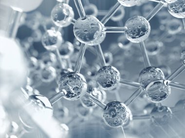 Soyut atom ya da molekül yapı tasarımı, atom ya da molekül camdan yapılmıştır. 3B görüntüleme.