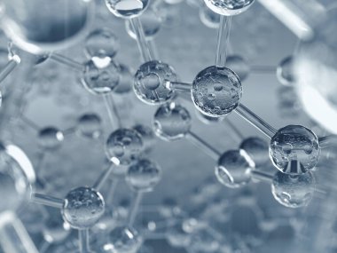 Soyut atom ya da molekül yapı tasarımı, atom ya da molekül camdan yapılmıştır. 3B görüntüleme.