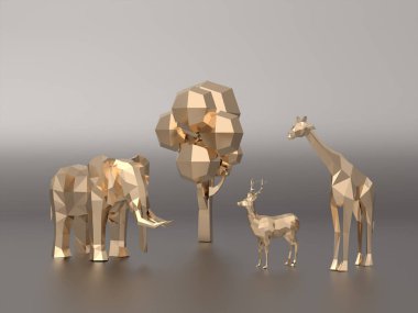 Altın 3D model düşük çokgen filler, geyikler, zürafa 3D tasarımı