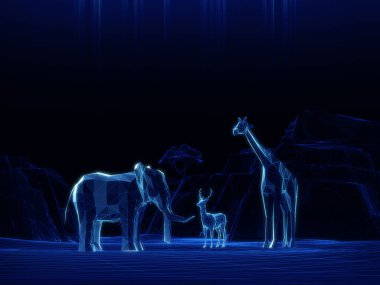 3D Hologram düşük çokgen filler, geyik, zürafa 3D görüntüleme.
