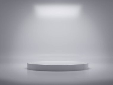 Ekran için beyaz kaide, tasarım platformu, boş ürün standı, temiz arkaplan 3D görüntüleme