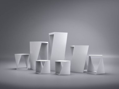 Ekran için beyaz kaide, tasarım platformu, boş ürün standı, temiz arkaplan 3D görüntüleme