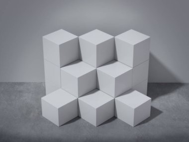 Ekran için beyaz kaide, tasarım platformu, boş ürün standı, temiz arkaplan 3D görüntüleme