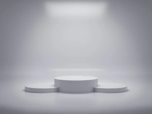 Ekran için beyaz kaide, tasarım platformu, boş ürün standı, temiz arkaplan 3D görüntüleme