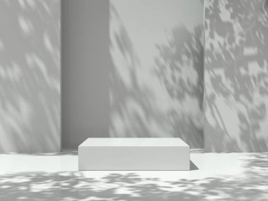 Gösterge için kaldırım, tasarım için platform, boş odada boş ürün standı ve duvarda 3D ağaç gölgesi var..