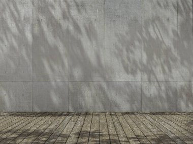 Gösterge için kaldırım, tasarım için platform, boş odada boş ürün standı ve duvarda 3D ağaç gölgesi var..