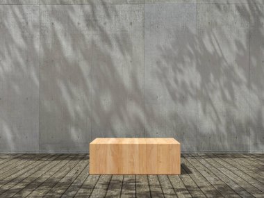 Gösteriş için ahşap kaide, tasarım platformu, çimenlikte boş ürün standı, duvarda ağaçların gölgesi olan 3D tasarım..