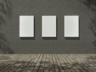 Boş odada çerçeve, duvarda ağaç gölgesi olan 3D görüntüleme..