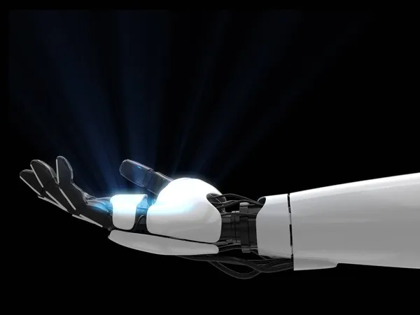 Ręka Robota Jasnym Blaskiem Dłoni Czarnym Tle Renderowanie — Zdjęcie stockowe