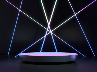 Ürün sergisi için boş kaide ve galeride renkli LED ışığı. 3d oluşturma.