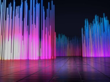 Renkli LED ışığı ve koyu arkaplanı olan ürün gösterimi için boş alan. 3B görüntüleme.