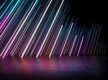 Renkli LED ışığı ve koyu arkaplanı olan ürün gösterimi için boş alan. 3B görüntüleme.