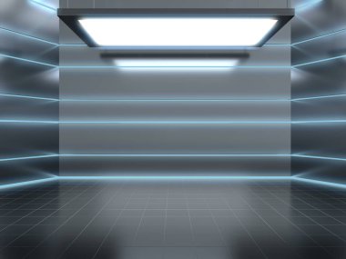 Modern temiz laboratuvar, ışık saçan boş ürün standı, gelecekteki 3D tasarım..