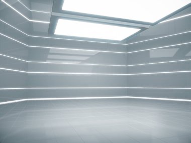 Tasarım platformu, ışık saçan boş ürün standı, gelecekteki 3D görünümü.