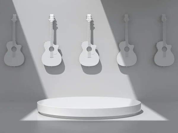 Podium for product show with guitars hang on white wall. 3D Rendering.