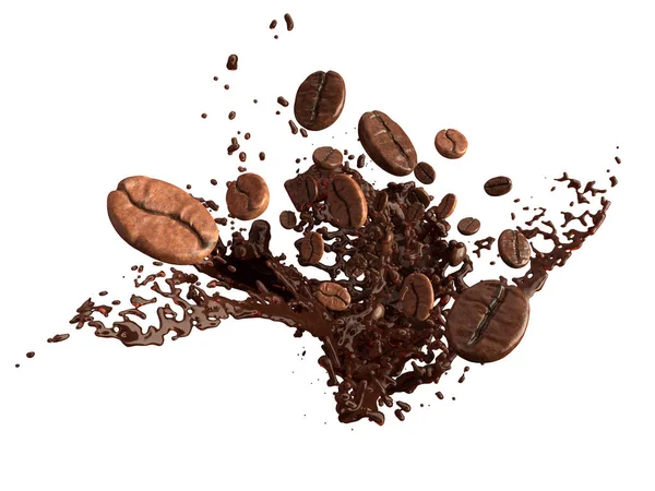 Izolált Tárgy Kávébab Fröccsenő Kávé Renderelés — Stock Fotó