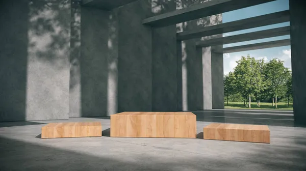 wooden podium for products show in concrete hallway with park background.3D rendering.