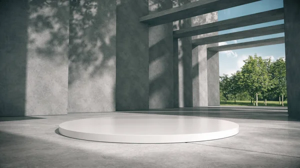 Beyaz podyum, çimento koridorda, park arka planı 3D görüntülü..