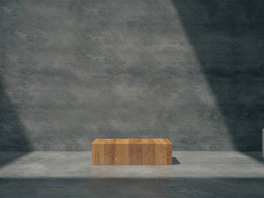 Ekran için ahşap kaide, tasarım platformu, beton boş oda 3D işlemeli boş ürün standı.