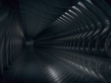 Ürün gösterisi için boş alan arka plan, uzun karanlık koridor iç dizayn 3D.