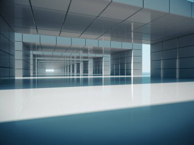 Soyut beyaz koridor iç tasarımı, soyut mimari yapılandırma 3D.