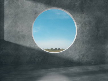 Penceresi ve dış 3D görüntüsü olan boş oda.