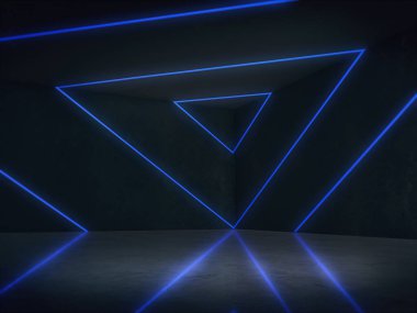 Tasarım platformu, ışık saçan boş oda, soyut 3D çizim alanı 