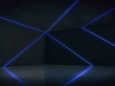 Tasarım platformu, ışık saçan boş oda, soyut 3D çizim alanı 