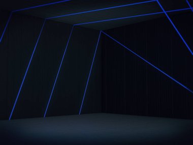 Tasarım platformu, ışık saçan boş oda, soyut 3D çizim alanı 