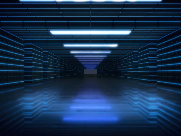 Langer Dunkler Korridor Mit Futuristischem Licht Darstellung — Stockfoto