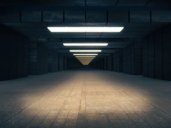 Interior Longo Corredor Escuro Com Luz Futurista Renderização — Fotografia de Stock