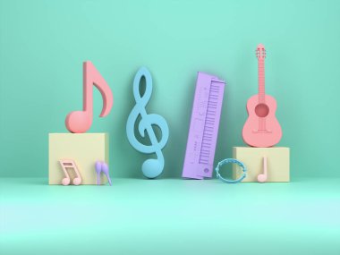 Renkli müzik enstrümanlarıyla ürün sergisi için podyumlar. 3B görüntüleme. 