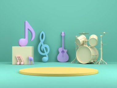 Renkli müzik enstrümanlarıyla ürün sergisi için podyumlar. 3B görüntüleme. 