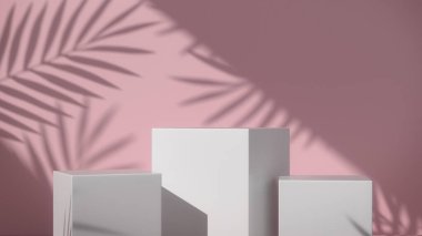 White pedestal display stand for product show with trees shadow on wall. 3D rendering.