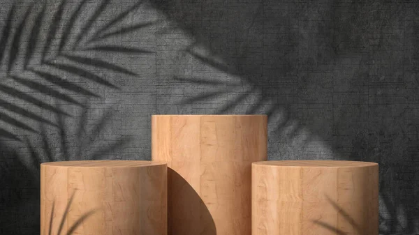 Wooden pedestal display stand for product show with trees shadow on concrete wall. 3D rendering.