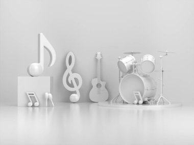 White mockup musical instrument and note music on white background.3d rendering.