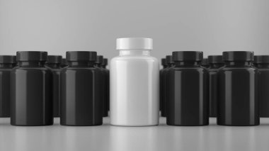 White mock up vitamin bottle surrounded by a black vitamin bottle.3d rendering.