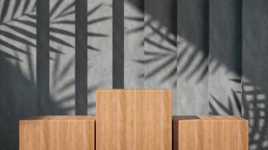 Ahşap heykel tezgahı, beton duvarda ağaç gölgesi olan ürün sergisi için. 3B görüntüleme.