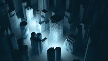 Aydınlık noktalı karanlık şehir. 3d oluşturma.