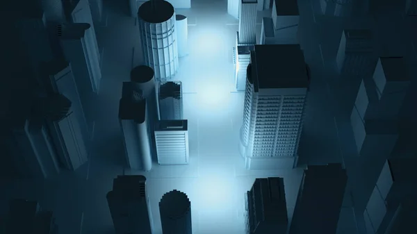Vista Superior Ciudad Oscura Con Punto Luz Renderizado — Foto de Stock