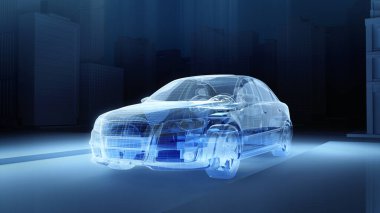 Karanlık şehir arka planında model üzerinde tel çerçevesi olan şeffaf bir araba.