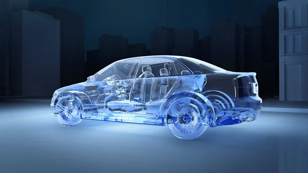 Translucent car in the dark city background.3d rendering.