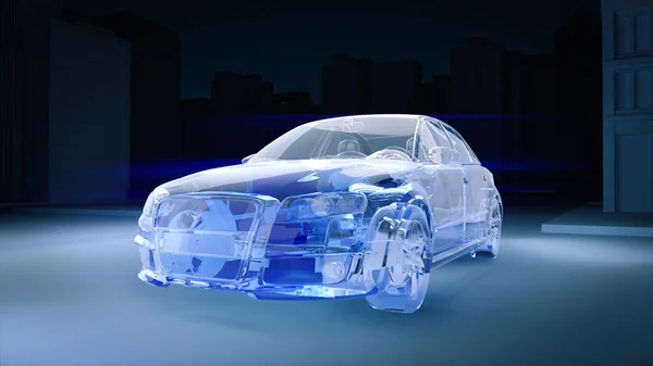 Translucent car in the dark city background.3d rendering.