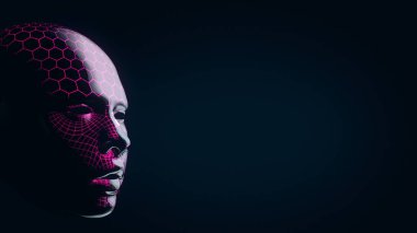 Altıgen ve kablo çerçeve deseni koyu arkaplanda insan yüzünde.. 