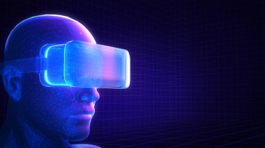 Hologram image of human wearing virtual reality glasses. 3d rendering.