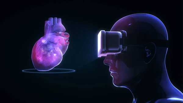 Human Wearing Virtual Reality Glasses Looking Hologram Human Heart — Stock fotografie