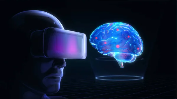 Human Wearing Virtual Reality Glasses Looking Hologram Human Brain 免版税图库图片