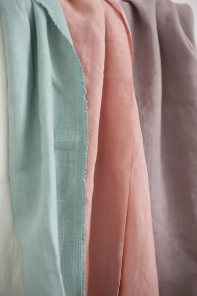 Sewing Concept Linen Colored Fabrics Selective Focus Image — ストック写真